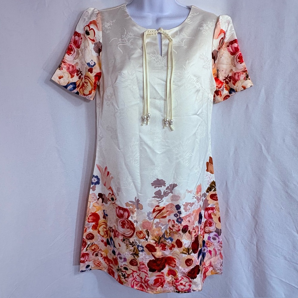 Sandro Paris Floral Silk Shift Dress Cream Multicolor Short Sleeve Size M - Picture 6 of 6